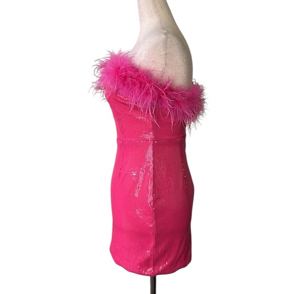 Pink Sequined Feather Trim Mini Dress - Picture 8 of 11